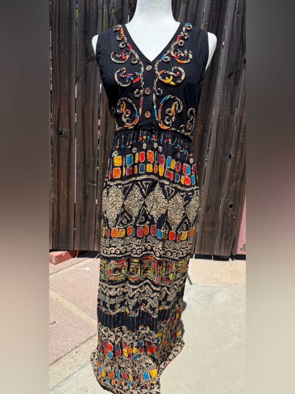 Carole Little Black Boho Maxi Dress with Multicolor Embroidery